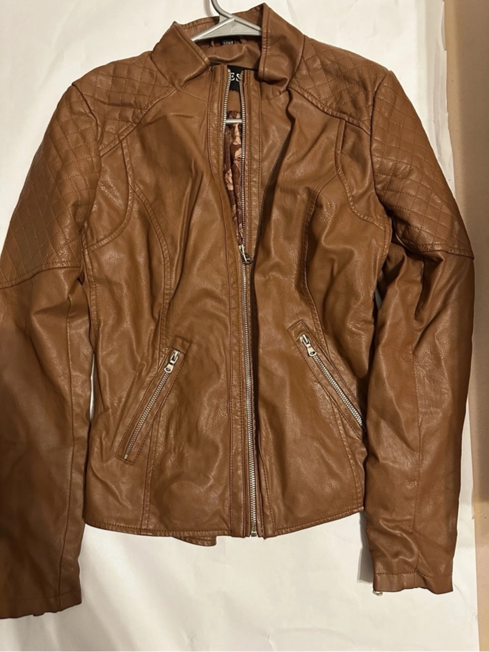 GUESS Women’s Faux Leather Moto Jacket Brown Quilted Sleeves Size S